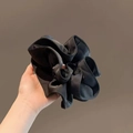 Close-up of black satin oversized scrunchie with elegant pleated fabric textures - Black Small 2-Layer