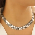 Silver woven link chain choker necklace with three rows of oval metallic loops - Necklace (Silver)