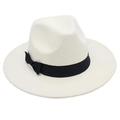 Detailed view of the white wool felt fedora featuring a classic black grosgrain bow band - One Size / Cream