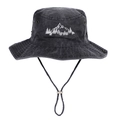 Sombrero de pescador de denim lavado con bordado de montaña, protección solar y cordón - Negro Lavado