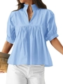 Detail view of light blue cotton blouse featuring ruffled stand collar and puff sleeves - S / Blue