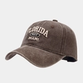 Détail de la broderie Florida 3D et de la texture en coton lavé sur la casquette brune - Réglable / Brun Foncé