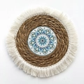Bohemian straw wall decor with teal mandala pattern and white fringe tassel edges - Pattern 2 (With Tassels 25cm)