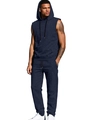Men's dark blue sleeveless hoodie and jogger set with high-quality knit texture - S / Navy Blue