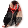 Elegant red and grey checkered shawl with fringe edges on white background - 180cm / Red