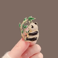 Charming panda brooch with sparkling crystals and green bamboo leaves on gold-tone alloy - 244# Panda