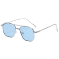 Silver metal frame sunglasses with light blue lenses and vintage double bridge design - Silver Frame Blue Lens