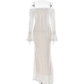 Elegant white lace off-shoulder maxi dress with long flare sleeves on a mannequin - S / White