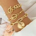 Ensemble de bracelets dorés multicouches avec pendentif pièce, perle et chaînes à fermoir T - HS596-25 Or Pièce Perle Ensemble 3pcs