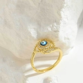 Böhmischer Goldener Evil Eye Ring mit Emaille und Zirkonia auf weißem Felsen - Gold-Weißer Zirkonia