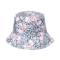 Close-up of tropical floral and leopard print bucket hat with detailed stitching texture - Blue Gray Leopard Floral (G)