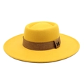 Close-up of a yellow wool fedora featuring a brown band and metal M logo detail - M(56-58cm) / Yellow
