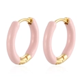 Minimalist gold-plated round hoop earrings with light pink enamel coating on white background - Pink