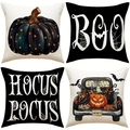 Set of four Halloween linen pillow covers featuring pumpkins, ghosts and bats patterns - Halloween Series 4-Piece Set-22