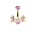 Dettaglio piercing ombelico dorato con zircone rosa a cuore e ali in smalto viola - Piercing Ombelico Cuore Farfalla Oro (#14)