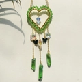 Handmade green crystal heart suncatcher with black butterfly charms and raw stones - Green Beads + Green Butterfly + Green Crystal