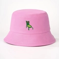 Pink cotton bucket hat with cute green frog embroidery and wide sun protection brim - M (56-58cm) / Rose Pink