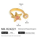 Golden stainless steel open ring featuring a pink star stone and white round crystal - Adjustable Open / Pink Pentagram Asymmetric Style (NB-R24221)