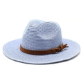 Detail of light blue straw panama hat featuring a brown suede band and tassel buckle - M (56-58cm) / Sky Blue
