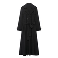 Classic black double-breasted trench dress with waist belt and sharp lapels on white background - S / Black