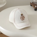Detail of bear embroidery and red stitching on kid's cotton canvas baseball cap - 50-52cm (2-5 Years) / White