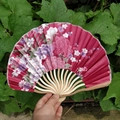 Japanese style handheld shell fan with dark red floral silk and bamboo frame - No.10 Wine Red