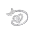 Detailed macro view of silver-tone open ring featuring zircon butterfly and Virgin Mary heart - VJ485 Silver (Virgin Mary Butterfly Heart)