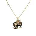 Collar colgante de elefante dorado con esmalte negro y piedras de circón de colores - Cadena de Caja Negra (CN001415CX)