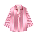 Dettaglio della camicia in lino a righe rosa e bianche con colletto e bottoni frontali - Taglia S / strisce rosa e bianche