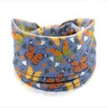 Blue bohemian headband with colorful butterfly and orange flower patterns in elastic fabric - Style 59