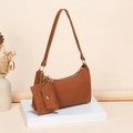 Brown 2-piece underarm bag set with herringbone texture and gold hardware details - Brown