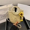 Borsa a tracolla in paglia beige con girasole e manici rotondi per la spiaggia - Bianco con Girasole
