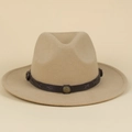 Khaki wool fedora hat with wide brim featuring a brown faux leather belt and metal buckles - M (56-58cm) / Apricot