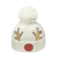 Children's white Christmas knitted hat with gold sequined reindeer antlers and pom-pom - M / White