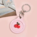 Pink faux leather access card holder with 3D cherry charm and silver keychain ring - Snap Button Style - Cherry