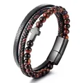 Men's multi-layer leather bracelet with red tiger eye beads and black cross charm - Red Tiger Eye + Black Cross