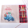 Christmas table mat with red plaid pocket, blue truck motif and Merry Christmas print - Truck Side View