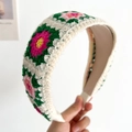 Handmade crocheted knot headband with cream base and colorful floral knit patterns - Green Flowers Flat Knitted Headband