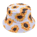 Detailed view of sunflower print cotton bucket hat with reinforced brim stitching - White