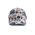 Kids baseball cap featuring white fabric and colorful cartoon construction truck patterns - Monster Truck