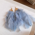 Elegant long feather drop earrings with golden hammer-textured metal and light blue plumes - Light Grey Blue Hammered Triangle Feather Earrings (17#)