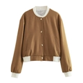 Brown varsity bomber jacket with contrasting white ribbed trim and button closure - S / Camel