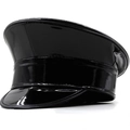 Detail of black glossy patent leather flat top cap with high shine finish and stitching - Glossy Black