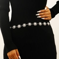 Silver bohemian waist chain belt with white pearls on elegant black knit dress - Artificial Pearl Floral Style (X543)