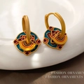 Matte gold hoop earrings with peacock blue, vermilion, and warm orange enamel geometric design - T2284 Style / Geometric Overlap
