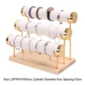 3-tier gold jewelry display stand with wooden base and white cylinders for bracelets - Triple Layer Gold Bangle Stand-White Leather