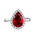 Pear cut red ruby teardrop ring with silver band and brilliant halo of clear zircons - Adjustable Open / Red Stone Style