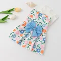 Cute white puppy dress with blue floral patterns and a large blue bow ornament - S / Blue Floral