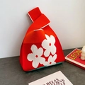 Red knitted tote bag with white flower patterns and a single strap handle design - Red with Small Flowers