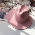 Close-up of pink wool fedora hat with wide brim on artistic decorative background - M (56-58cm) / Carmine Pink